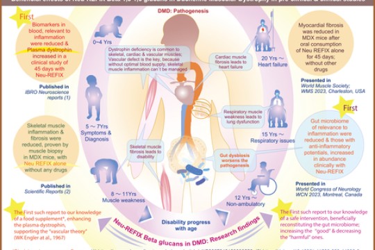 يقلل Neu REFIX β-glucan من تليف العضلات لدى فئران الحثل العضلي الدوشيني MDX، في بحث مشترك مع Dr. Yoshitsugu Aoki، NCNP، طوكيو، اليابان.